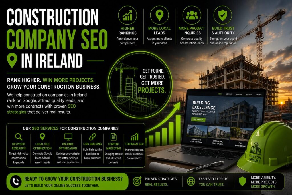 Construction company SEO Ireland Google Business Profile setup Roofing company SEO Dublin emergency repair search example Google Maps ranking for roofers Dublin local pack result Local SEO for electricians Ireland service page strategy Emergency plumber SEO Dublin urgent search visibility Topaz SEO Ireland construction client reviewing call growth. Local SEO for electricians Ireland, how to get more calls as a plumber in Dublin, eemergency plumber SEO Dublin