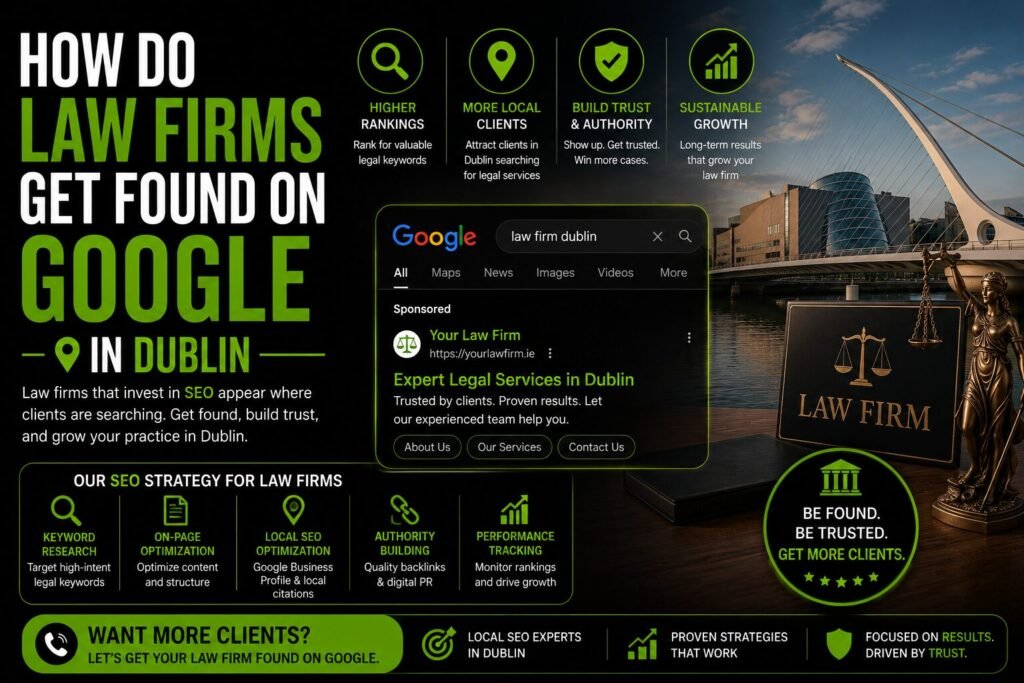 conveyancing solicitor Dublin SEO, legal directory citations Ireland, how to get more client enquiries as a solicitor Dublin, digital marketing for small law firms Dublin. How do law firms get found on Google in Dublin conversion example SEO for solicitors Dublin enquiry growth dashboard Local SEO for legal services Ireland map pack ranking result Family law SEO Dublin trust-building content strategy Legal directory citations Ireland consistency audit Topaz SEO Dublin law firm client reviewing new client enquiries