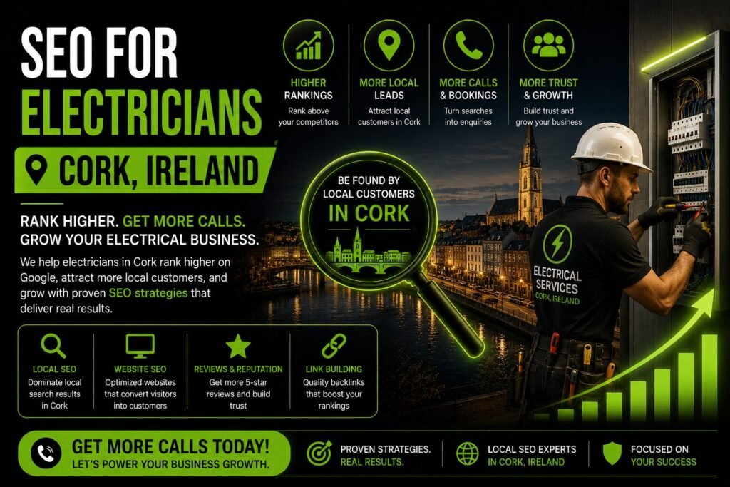 SEO for electricians Cork Google Map Pack ranking results How electricians can rank on Google Maps profile checklist Website design for electrical contractors Ireland homepage layout How can electricians rank higher on Google in Cork strategy session What makes a good electrician website trust signals example Topaz SEO Cork electrical contractor reviewing call growth