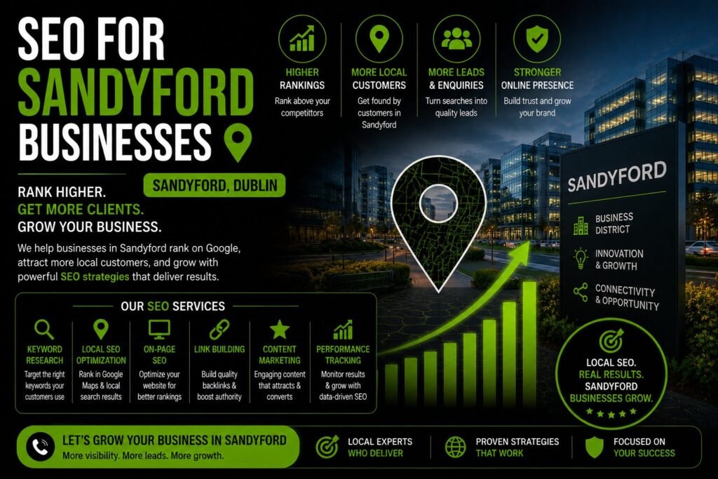 SEO for Sandyford businesses Google search visibility result SEO for accountants Sandyford credentialed team page example Local SEO for B2B companies Sandyford procurement search SEO Agency Sandyford business park competitor strategy AI search visibility for Sandyford tech ChatGPT citation example Topaz SEO Sandyford client reviewing enquiry growth. SEO Agency Sandyford, AI search visibility for Sandyford tech